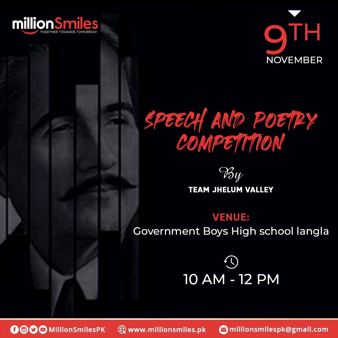 MillionSmilesPK's tweet photo. خودی کو کر بلند اتنا کہ ہر تقدیر سے پہلے
خدا بندے سے خود پوچھے بتا تیری رضا کیا ہے

In the memory of Allama Muhammad Iqbal, our Team #MillionSmiles Jehlum valley is organising the "Speech &amp; poetry Competition" on 9th November 2021 at Government Boys High school Langla. https://t.co/3THwzK8lnq