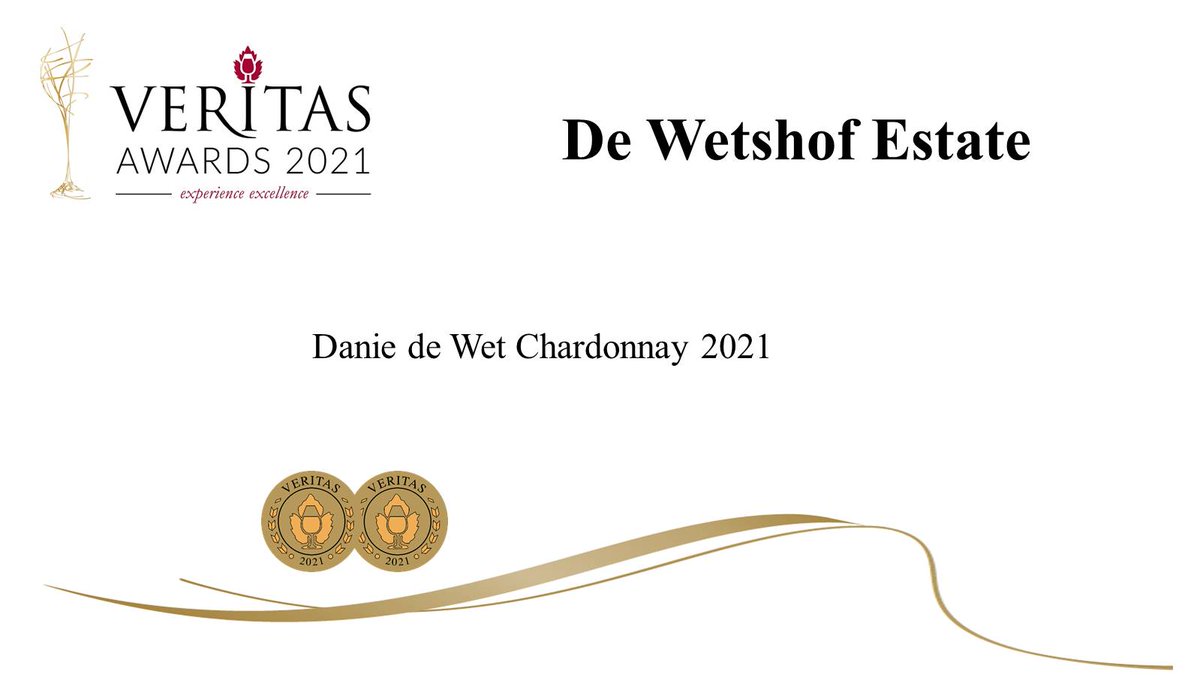 veritasawards's tweet photo. 2021 #VeritasAwards #VeritasDoubleGold medal to @dewetshofestate Danie de Wet Chardonnay 2021
– congrats to winemaker Izak de Vries, viticulturist Francois Viljoen and the team!
#VeritasWineAwards #VeritasAward #Veritas  #ExperienceExcellence https://t.co/T6LYshey2z