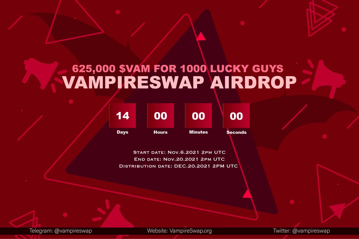 Hey #VampireSwap Lovers! 🥳🥳🥳
We're opening the 1st AIRDROP event. 
Everyone just does some simple tasks to share 625,000 $VAM. Let's grow up! 🚀🚀🚀

Link airdrop: gleam.io/0Vvla/vampires…

<a href="/FantomFDN/">Fantom Opera</a> @FTMAlerts #FTM #DeFi $FTM $VAM #Airdrops