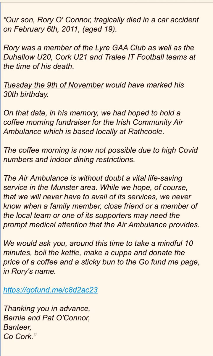 PaudieP's tweet photo. A thoughtful &amp; deserving fundraiser has been brought to our attention. It affords a beautiful family, the O’Connors from @Banteer_LyreGAA another opportunity to remember their wonderful son and in the process raise €s for @CommunityAirAmb .Tues ☕️🧁€ https://t.co/viCD0NIO2I https://t.co/fkZTgP5orU