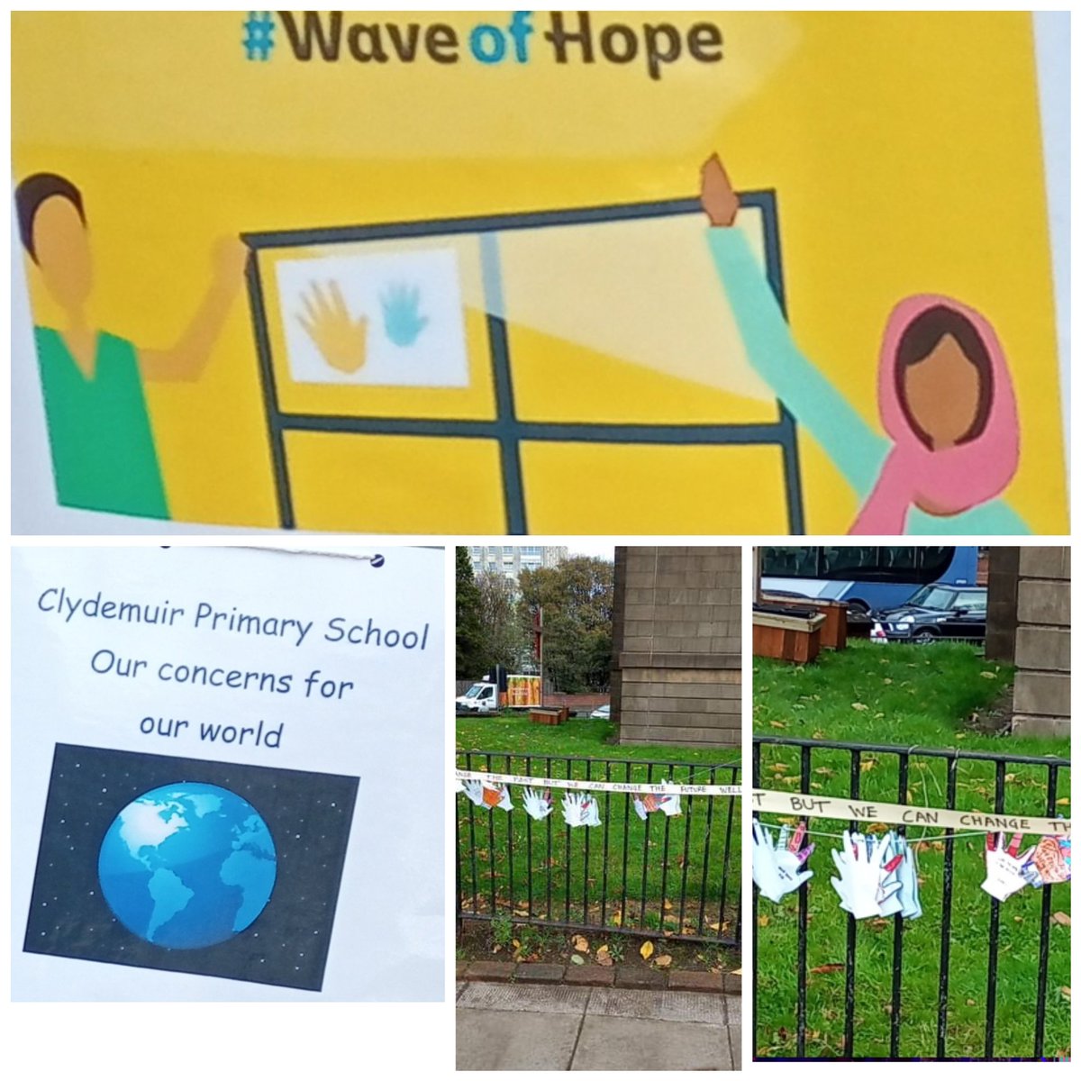 ClydemuirPS's tweet photo. Our wonderful, inspiring pupils have created a #WaveofHope which is proudly displayed at Barclays Church. "We can't change the past but we can change the future". 🥰 #WDCCOP26 #clydemuircares #COP26 #inspirational #community https://t.co/to9O2wXiyj