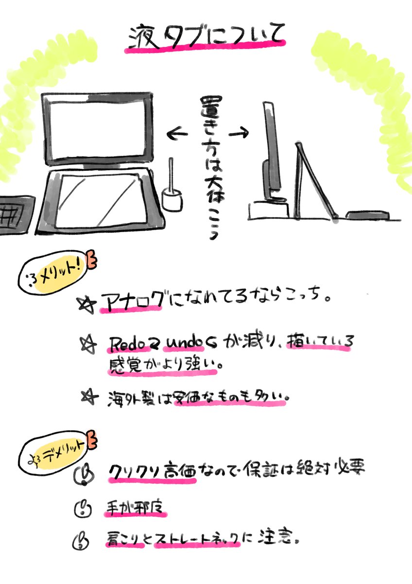 これから年末年始にかけてデジタル絵始めるぞという人向けに独断と偏見で「板タブレット」「液晶タブレット」「ipad」のメリットとデメリットまとめました。
健康面と普段の描き方に着目したまとめなので「これじゃないと駄目!」っていうのは全然無いから自分に合ってるのを選ぼう! 