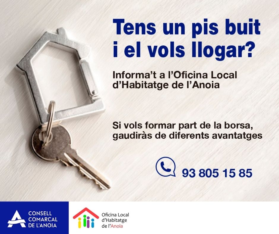 ConsellAnoia's tweet photo. 🏘️Tens un pis en propietat i el vols llogar?
La borsa d'habitatge del Consell Comarcal t'ofereix totes les garanties i avantatges.
Un lloguer amb oportunitats per a les dues parts https://t.co/4bxQQbc6nf