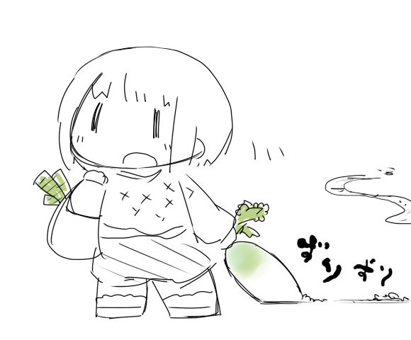 買い物の帰りなのかどこかで貰ってきたのか
手提げパンパンに野菜つめた女の子が
反対の手に地面で3分の1くらい大根すりにしちゃったダイコン持ってた時の
筆者のほっこり感と!?感の比率を答えよ 