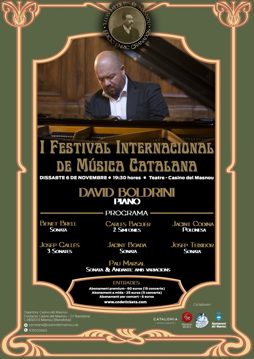 Avui gran concert de l'eminent pianista italià David Boldrini al Fesimcat del Masnou. Com sempre.... gràcies per la difusió, recolzament i suport de <a href="/natalia_garriga/">Natàlia Garriga</a> <a href="/icec_cat/">Empreses culturals</a> <a href="/CronistaErrant/">Xavier Cester</a> <a href="/catalunyamusica/">Catalunya Música</a> <a href="/totsmatinsmon/">Tots els matins del món</a> <a href="/assaig_general/">Assaig general</a> <a href="/tv3cat/">TV3 és ara @Som3Cat</a> <a href="/tonipunti/">Toni Puntí</a> <a href="/324cat/">324.cat</a> <a href="/33Recomana/">33 recomana</a>