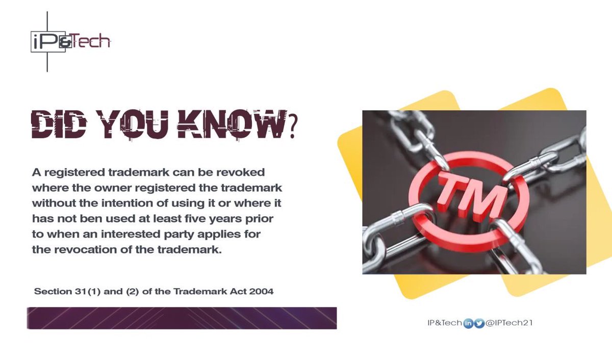 IPandTech's tweet photo. REVOCATION OF TRADEMARK FOR NON-USE
#Didyouknow, that a registered trademark can be revoked where it was registered with no intention of being used or where it has not been used for a period of at least 5 years.
#ipandtech
#trademarks
#intellectualproperty
#revocation https://t.co/Mmyd7cm1A9