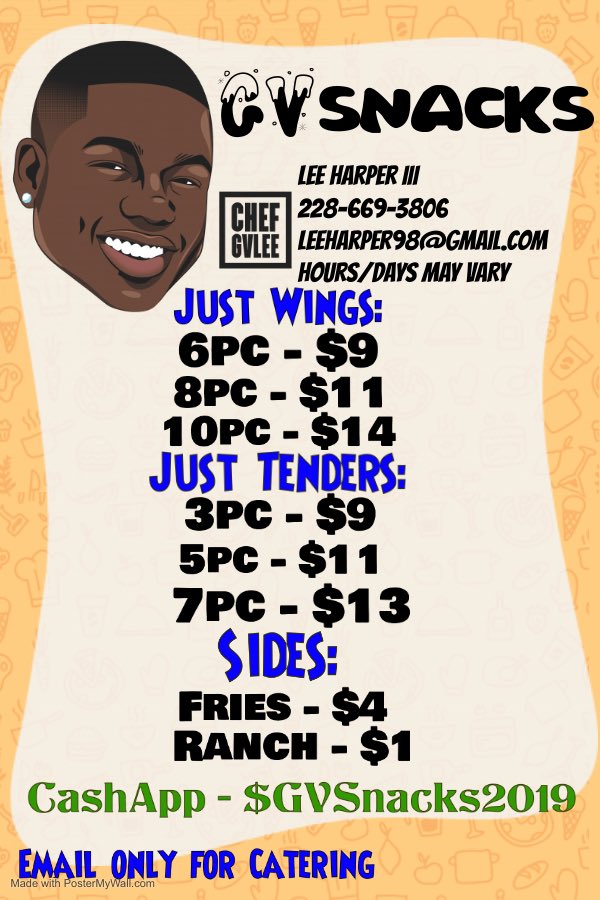 gvsnacksllc's tweet photo. 1pm-6pm 1414 Genevieve Drive Gulfport, Mississippi 💛🍗 https://t.co/vLYyFIu27Q