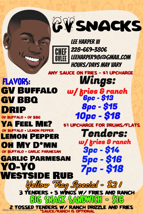 gvsnacksllc's tweet photo. 1pm-6pm 1414 Genevieve Drive Gulfport, Mississippi 💛🍗 https://t.co/vLYyFIu27Q