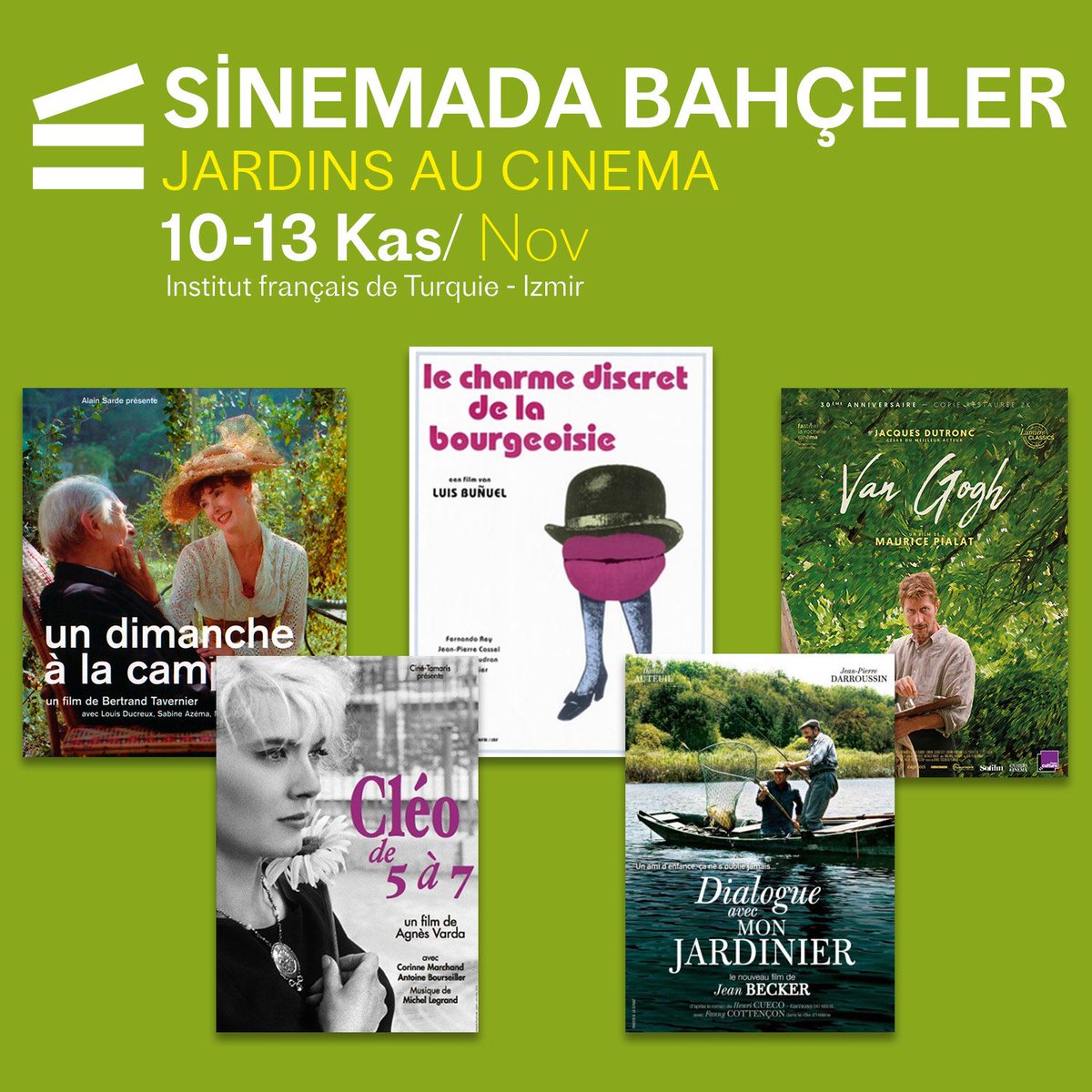 #izmir Sinemada bahçeler🗓10-13/11
🇹🇷IFT İzmir’de «Sinemada bahçeler» temalı film gösterimlerine davetlisiniz. 4 gün sürecek gösterimlerde FR sinemasının büyük yönetmenlerinin filmleri, bizleri doğayla buluşturacak. Filmler TR altyazılı, giriş 10 TL buff.ly/3q9jIgq