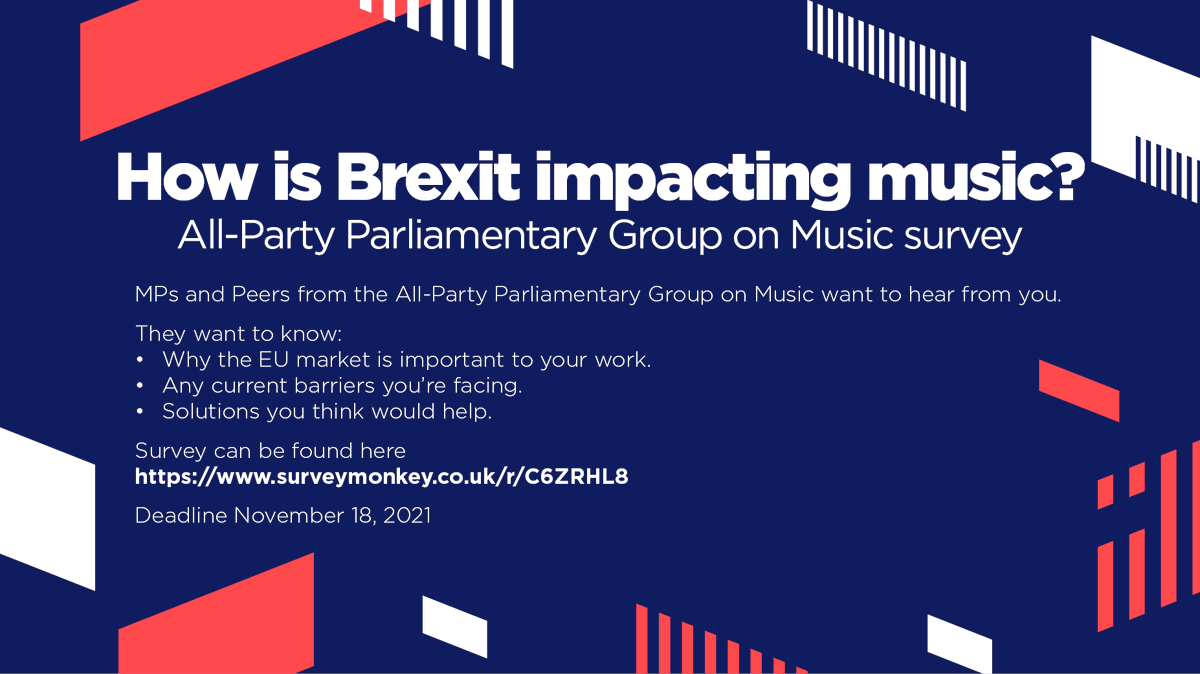 UK_Music's tweet image. The All-Party Parliamentary Group on Music want to hear from music industry organisations and individuals about their experiences with EU touring.
Submissions will form part of an inquiry launched by the group.
Fill out the short survey here:
bit.ly/3GPKu3p