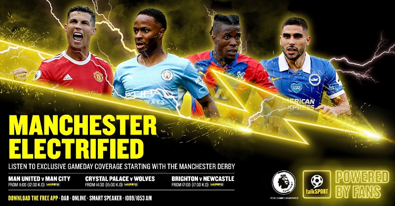 talkSPORT's tweet photo. 𝗔 𝗛𝗨𝗚𝗘 𝗦𝗔𝗧𝗨𝗥𝗗𝗔𝗬! 🔥

📝 GameDay will bring you…

✸ Three exclusive commentaries 
✸ That tasty Manchester derby!
✸ Plus all the goals from 15:00 

It begins at 11am on talkSPORT.