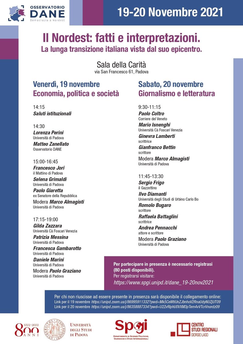 Si torna in presenza! 🎉
Con gioia vi invitiamo il 19 e 20 novembre 2021 alla Sala della Carità di Padova, per parlare de "il Nordest: fatti e interpretazioni" con tanti ospiti e amici. Vi aspettiamo!

⚠️ I posti sono limitati, prenotatevi su spgi.unipd.it/dane_19-20nov2…