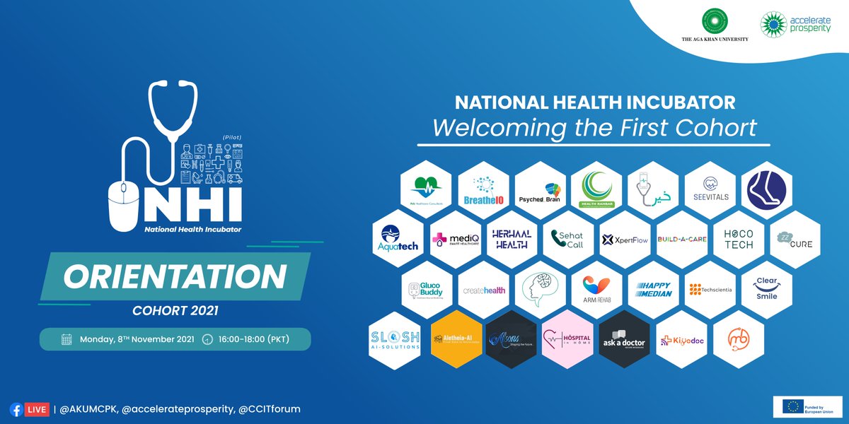 ApProsperity's tweet photo. Join us in welcoming the first cohort of National Health Incubator (NHI) 2021!

NHI is a joint pilot initiative of Accelerate Prosperity (AP) and the Aga Khan University (AKU) that provides tailored business training and advisory and financing up to PKR 15 Million.
@AdilHaiderMD https://t.co/LDeum0Nnkr
