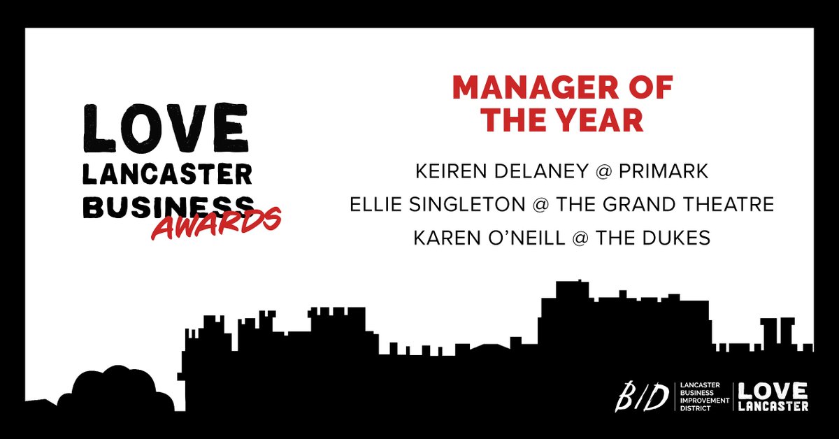 Lancaster_BID's tweet photo. Manager of the Year award sponsored by @MarketGateLancs . Shortlisted nominees are:

Ellie Singleton @LancasterGrand 
Karen O’Neill @TheDukesTheatre 
Kieren Delaney at Primark Lancaster

Best of luck on the night!

#lovelancaster #lovelancasterbusinessawards https://t.co/jK80cPQR5B