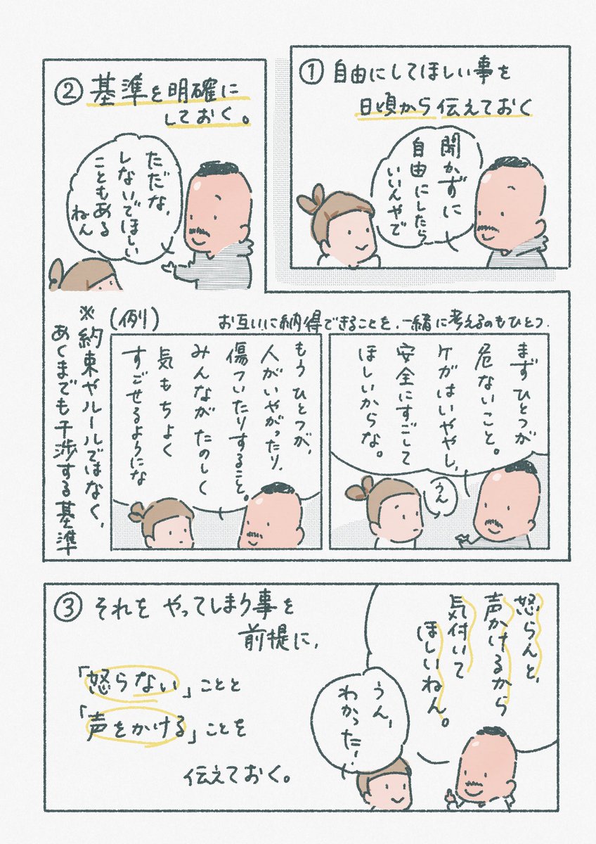 子どもに「怒られる!」と身構えられて落ち込んでしまうことがあるので、気をつけたいことを整理しました。

・約束ではなく、「声をかける時の基準」を決めておく
・怒るのではなく、気づくための声かけという共通認識
・反省を促すのではなく気づけたことを喜ぶ
・お互いが余裕を持つためにする 