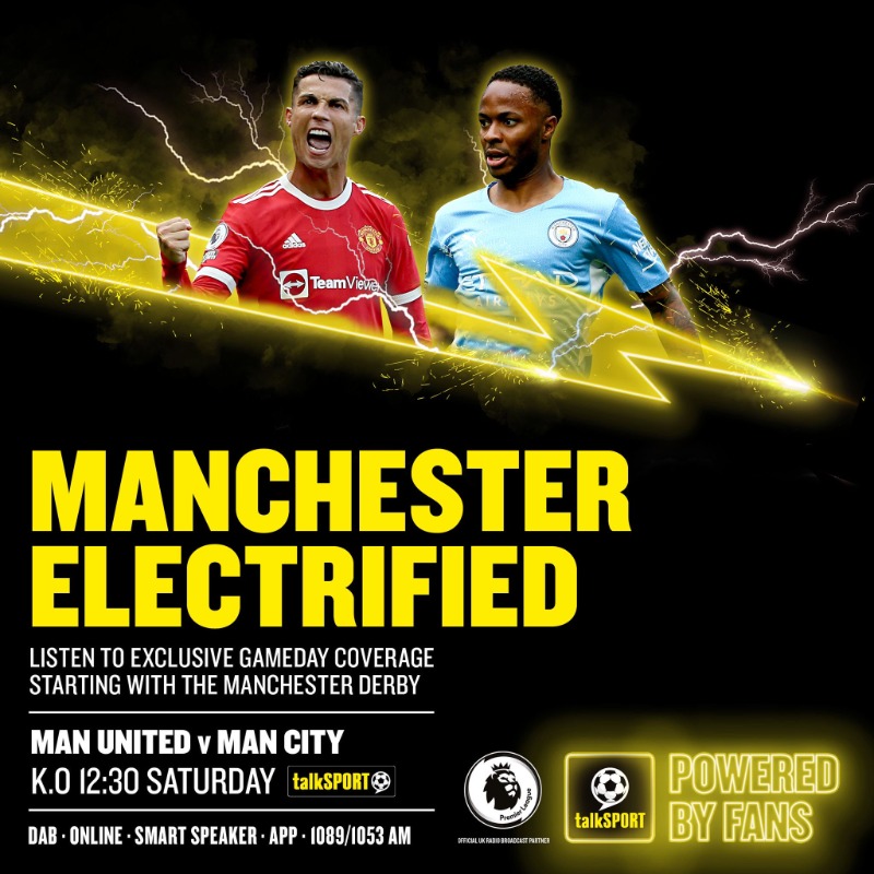talkSPORT's tweet photo. It’s 𝗱𝗲𝗿𝗯𝘆 𝗱𝗮𝘆 in Manchester 🔥

#MUNLIV is live on talkSPORT.

🎤 @ReshminTV is your host

🎙 @SamMatterface, Steve McClaren and @Trevor8Sinclair on commentary duty.

📻 Our top coverage begins at 11am