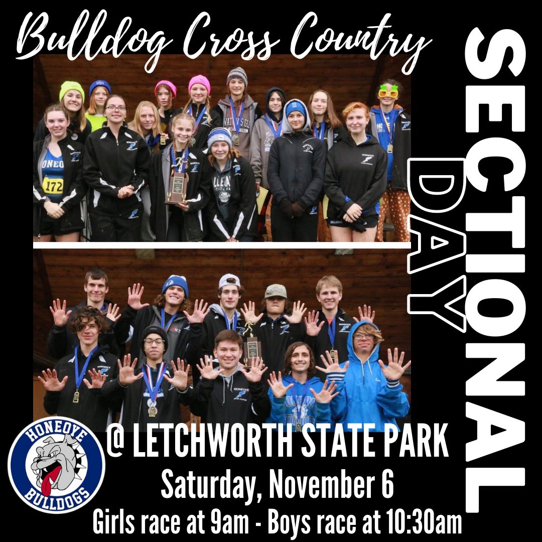HoneoyeSports's tweet photo. It's SECTIONAL DAY for the Varsity Cross Country Teams as they travel to Letchworth State Park to defend their titles! 🏆🏆  @HoneoyeXC 
#RunBulldogsRun  #GetTheRepeat https://t.co/PTOg5KCnCa