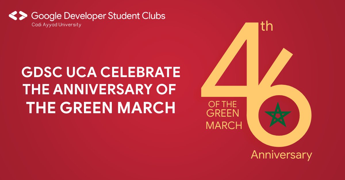 GDSCUCA's tweet photo. Google DSC Cadi Ayyad University celebrate the 46th anniversary of the Green March 🇲🇦 .
#greenmarch 
#GoogleDeveloperStudentClubs 
#gdscmena
#gdscuca https://t.co/KaGYJZiRCp