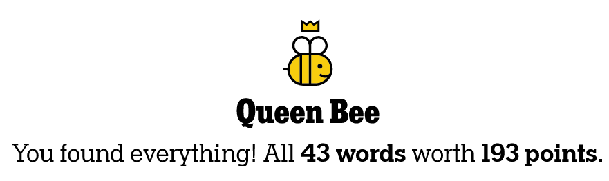 It's happened before: took way too long to nail the final ell for 👑🐝this Saturday

#NYTSpellingBee #QueenBee #HiveMind #NYTSB
@kevinedavis @beesolved @NYTimesGames @TheGridKid @srahman2020 

#November6th
#EnvConflictDay