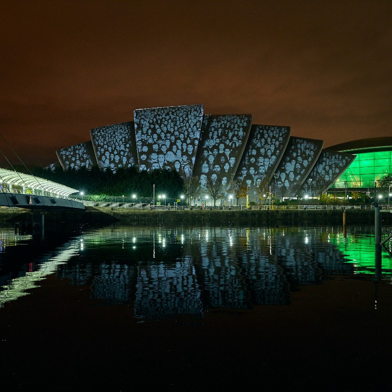 COP26's tweet photo. #ICYMI: World renowned artists, activists and storytellers unveiled a projection on the @SECGlasgow Armadillo last night.
 
The ‘Voices for Earth’ film highlighted the critical actions needed to ensure a path to a regenerative future.
 
#ProjectingChange | #COP26