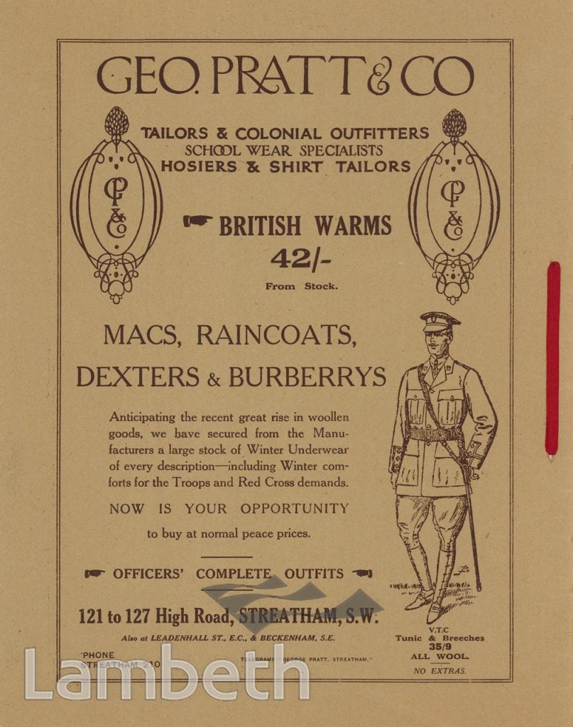 SocStreatham's tweet photo. #OTD 6 November 1915 this advert appeared in a concert programme
G.PRATT & CO ADVERT, 121-127 STREATHAM HIGH ROAD
'large stock of winter underwear including winter comforts for the troops and Red Cross demands' #StreathamHistory #Furzedown #Streatham #Pratts #JohnLewis https://t.co/7gXW8P7jWw