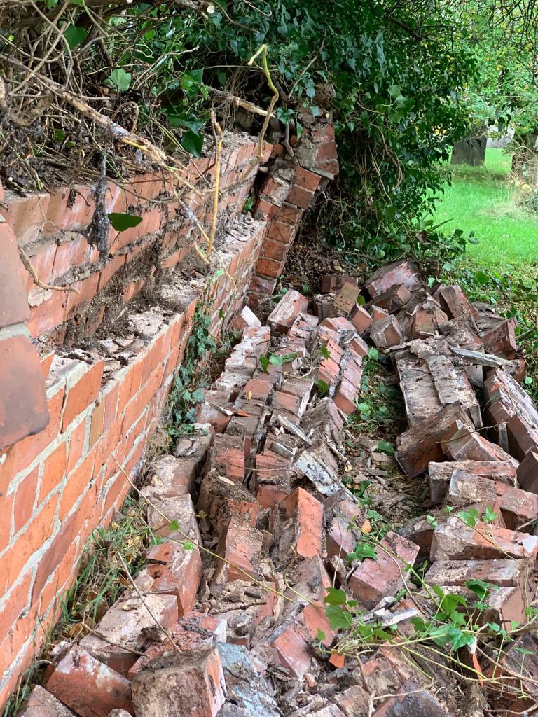 Finningleycofe's tweet photo. Just to let everyone know that the wall in the Finningley Churchyard to the rear lychgate as collapsed in a few places. We are aware, and the church wardens have it in hand. 

This is due to the ivy, on the unowned land behind, pushing it forwards over many years. https://t.co/hcVPjjKzaO