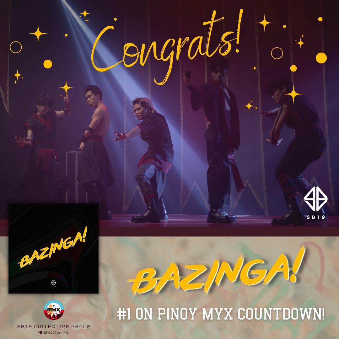 SB19TrendsPH's tweet photo. 🎉 #SB19BazingaTOP1onPMC

#SB19Bazinga enters Pinoy MYX Countdown Weekly Chart at #1!

Congratulations, SB19 x A’TIN! 💥
Let's secure our spot. Cast your votes at https://t.co/PCLUHnkjc4

@SB19Official #SB19 https://t.co/sJJyiyVcnY