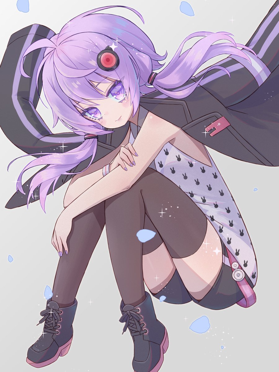 yuzuki yukari 1girl bunny print solo animal print purple hair thighhighs purple eyes  illustration images