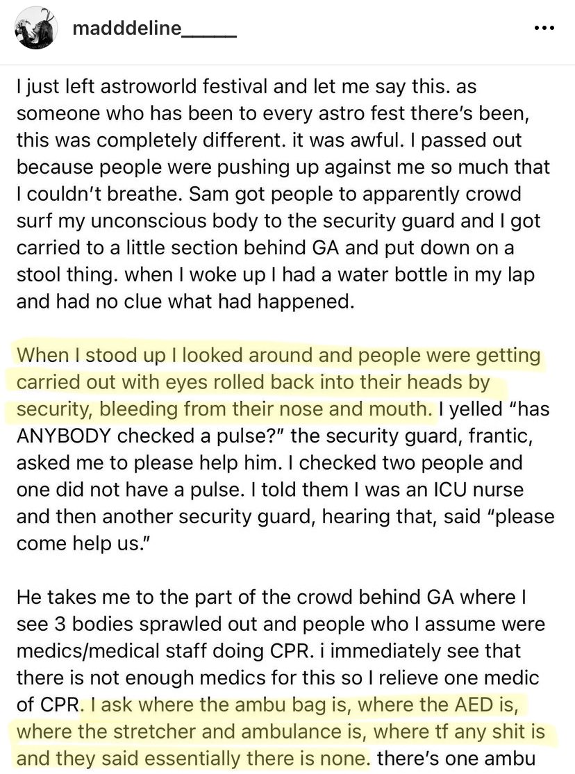 davenewworld_2's tweet photo. At least 8 people are confirmed dead and hundreds more injured at Travis Scott's Astroworld. Here are some accounts from healthcare workers at the concert: https://t.co/O4y2Y7xmdm