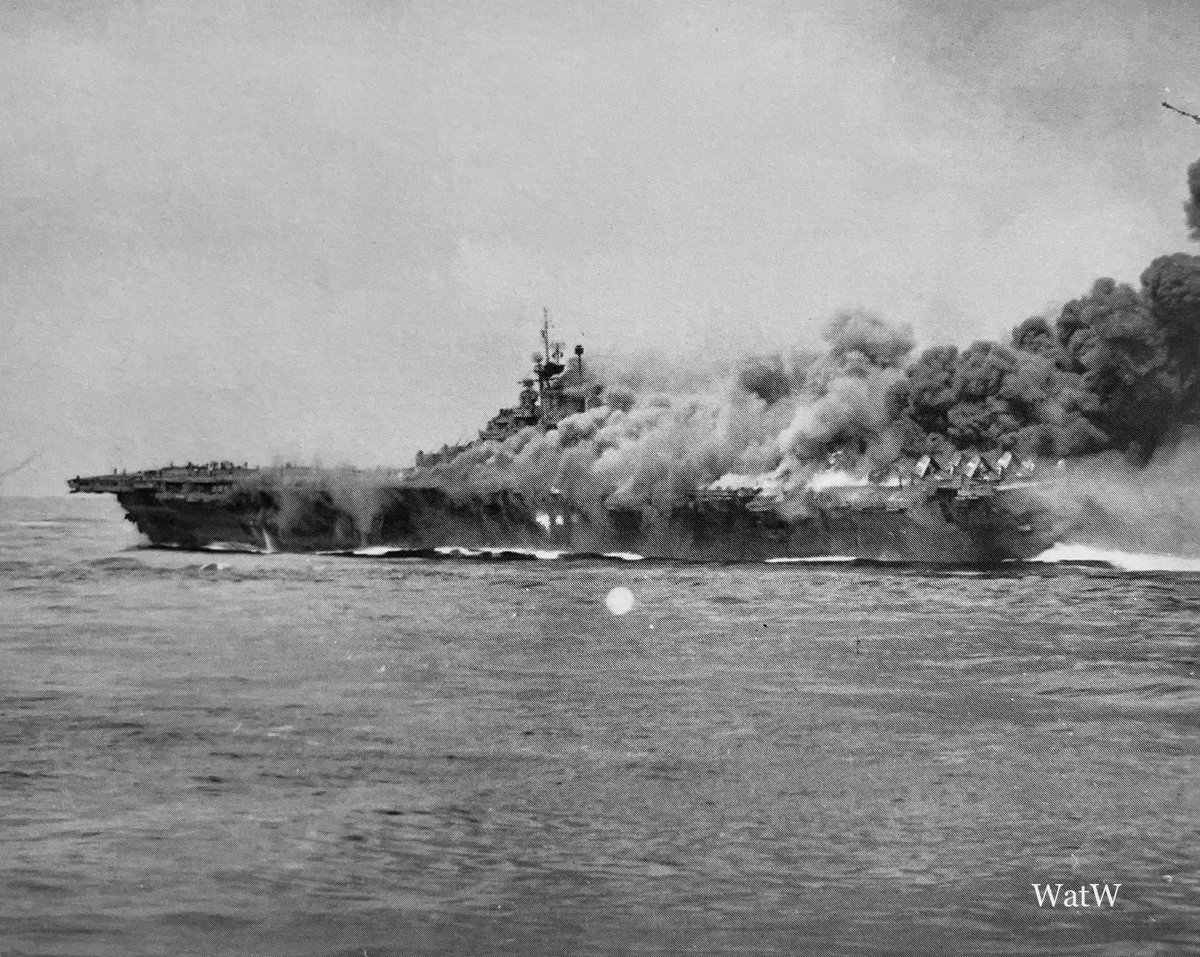 TheWorldatWar2's tweet photo. The USS Bunker Hill catches fire after a Japanese Kamikaze attack - Okinawa, March 1945 #ww2 #wordwar2 #ussbunkerhill #usnavy #warinthepacific #kamikaze https://t.co/Cuj8v8kgVA
