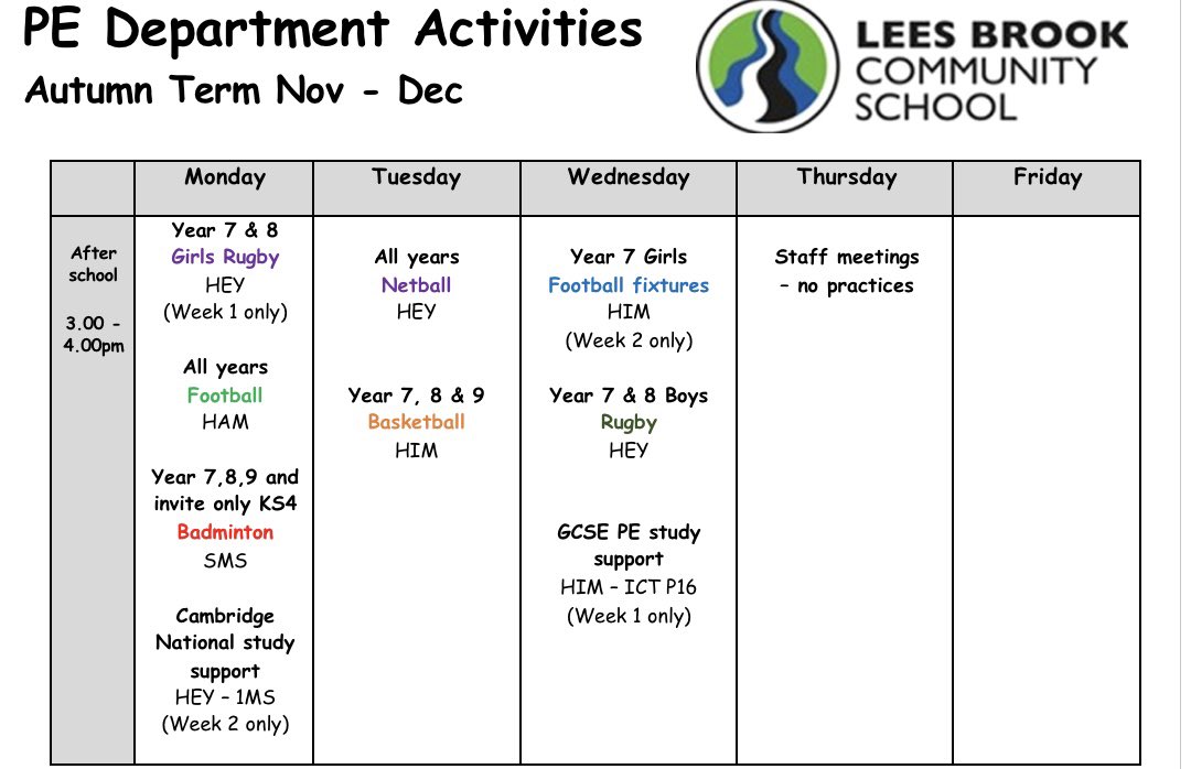 Autumn 2 extra curricular timetable 👍🏻

Please come along and make new friends, improve your skills and fitness and have some fun!

⚽️🏉🏀🏸