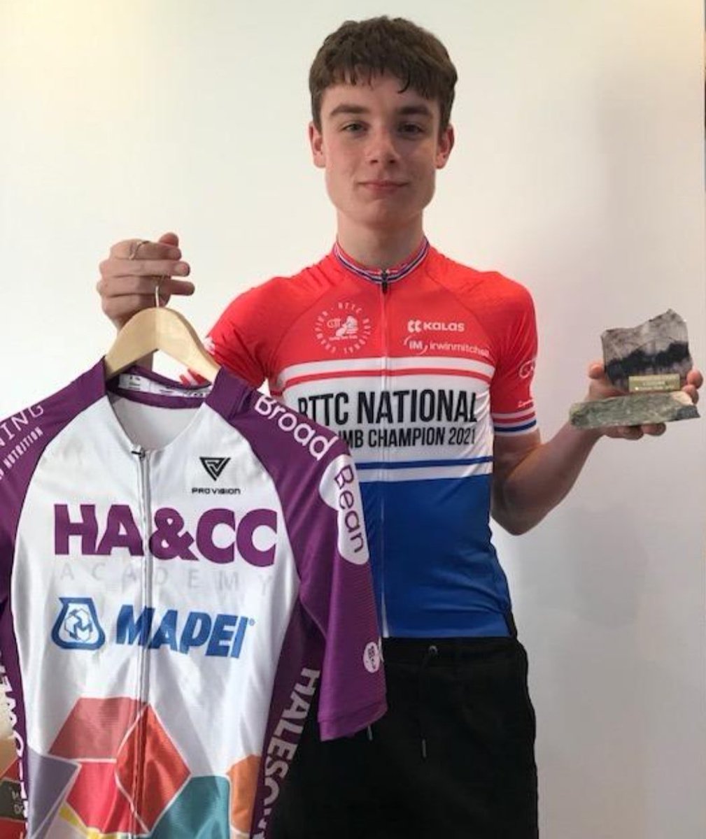 Tomos Pattinson celebrating being crowned the national hill climb champion. Tomos won the junior title for RTTC National Hill Climb Championship. Tomos was also awarded the club's Mapei Trophy, for the most improved HACC Academy rider. @MapeiUKLtd @dudleymbc @haccacademy