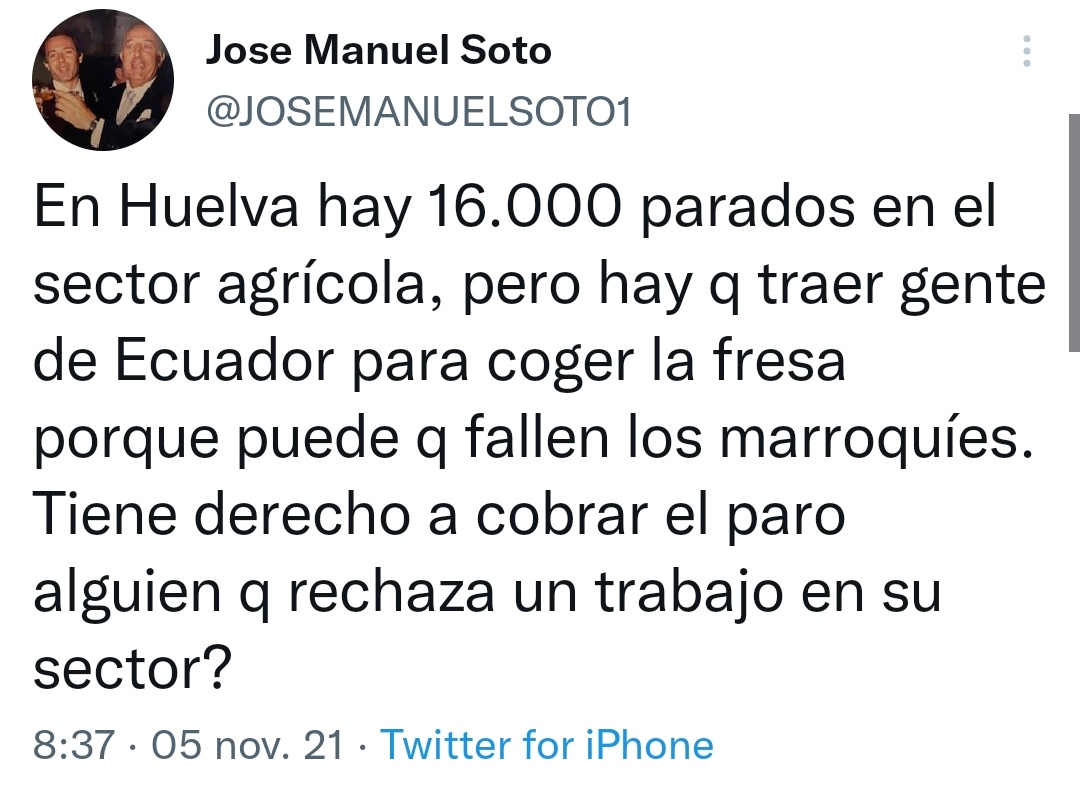 El problema no son las ganas de trabajar <a href="/JOSEMANUELSOTO1/">Jose Manuel Soto</a>, el problema son las condiciones de trabajo. Por eso, las inspecciones que se hicieron en tu tierra revelaron las condiciones irregulares de los "contratos": sin estar dados de alta en la Seguridad Social,
