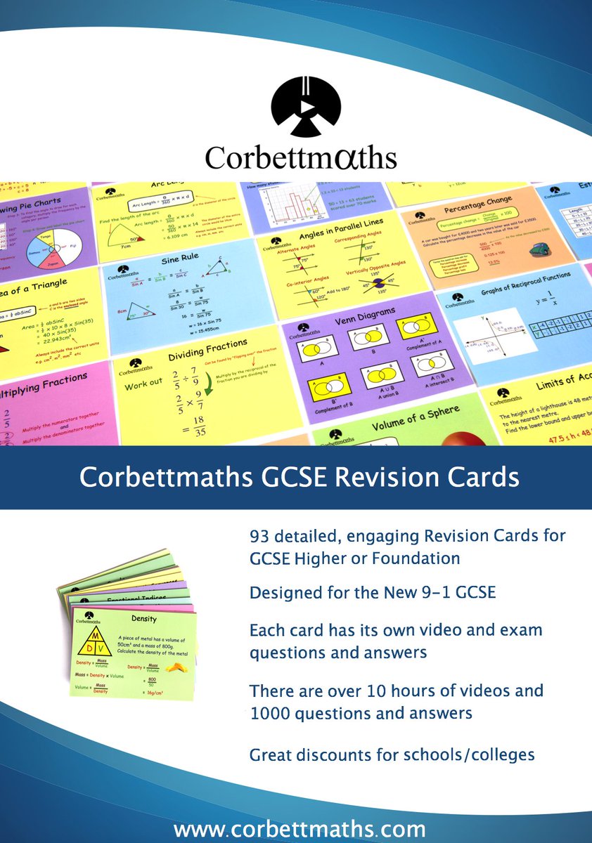 Corbettmaths's tweet image. Amazing news!! Our GCSE Higher and GCSE Foundation Revision Cards now each have 93 cards instead of 90! We have also reduced our prices for bulk orders 🎉 
To celebrate we are giving away 15 free sets 🎁 
To enter RT by 9pm Wed corbettmaths.com/revision-cards/