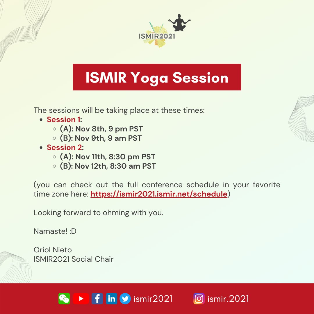 ISMIR Conference (@ismirconf) on Twitter photo Tired of sitting down staring at your computer while absorbing so much MIR knowledge? Stretch your body and relax with this musically-oriented yoga session guided by the amazing Lisa Light (instagram.com/elelleforever/)! All levels are welcome!
- <a href="/urinieto/">Oriol (Uri) Nieto</a> (#ISMIR2021 Social Chair) - Tired of sitting down staring at your computer while absorbing so much MIR knowledge? Stretch your body and relax with this musically-oriented yoga session guided by the amazing Lisa Light (instagram.com/elelleforever/)! All levels are welcome!
- <a href="/urinieto/">Oriol (Uri) Nieto</a> (#ISMIR2021 Social Chair) -