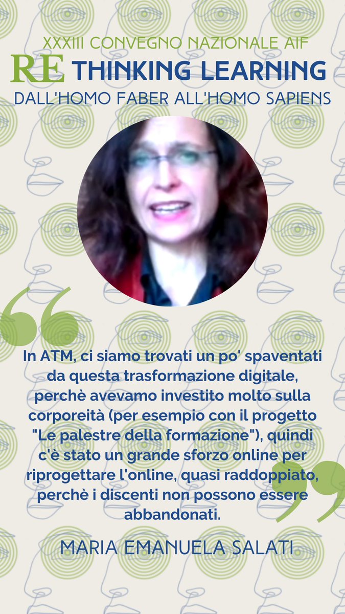 AIF_Ass_It_Form's tweet photo. #ConvegnoAif2021
#rethinkinglearning
Grande testimonianza di Maria Emanuela Salati di @atm_informa sulla #formazione ai tempi nella #pandemia nell'azienda di #Milano https://t.co/b1qe1bTUbc