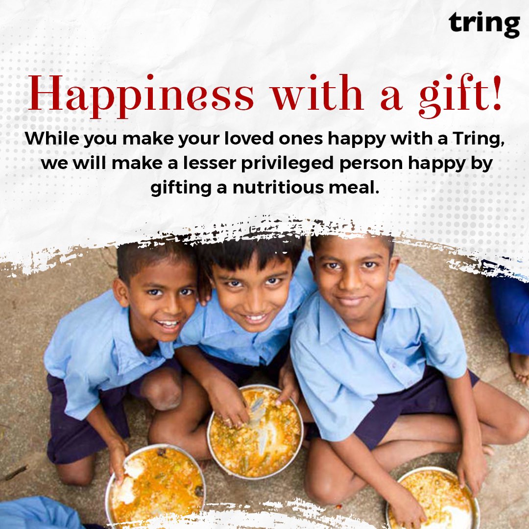 TringIndia's tweet photo. Everlasting gift and a good deed, there’s nothing more perfect than this! 

With every gift booking of #Tring, we will be providing nutritious meal to a lesser-privileged person.

#GiveIndia #GiveIndiaxTring #TringIndia #PersonalisedMessages #BookATring https://t.co/YI4cWj3bZA