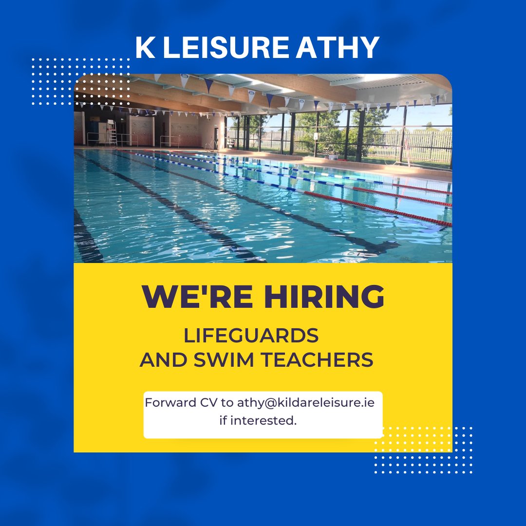 K L E I S U R E (@kildareleisure) on Twitter photo WE ARE HIRING!!!
K Leisure Athy are recruiting for lifeguards and swim teachers!
Email your CV now to athy@kildareleisure.ie WE ARE HIRING!!!
K Leisure Athy are recruiting for lifeguards and swim teachers!
Email your CV now to athy@kildareleisure.ie