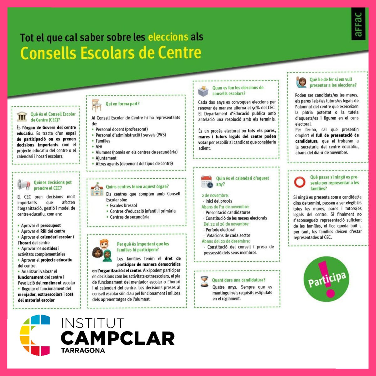 INS_CAMPCLAR's tweet photo. 👉Tot el que cal saber sobre les Eleccions al Consell Escolar.
📩 El proper 24 de novembre estem tots cridats per escollir els nostres representants al Consell Escolar. Informa-te'n i participa.
🗣️La teva veu compta!
#affac
#consellescolar
#somcampclar
@educaciocat https://t.co/cH4eJC3ETe
