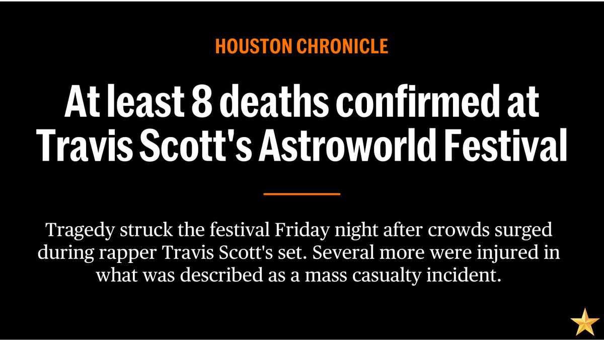 HoustonChron's tweet photo. DEVELOPING: At least 8 people are dead &amp; dozens more injured after a sold-out crowd of roughly 50,000 surged during rapper @trvisXX's performance at @astroworldfest, overwhelming security forces and resulting in one of the deadliest concerts in US history. https://t.co/Qk7WLhGhbz https://t.co/6pgrSQ9xTM