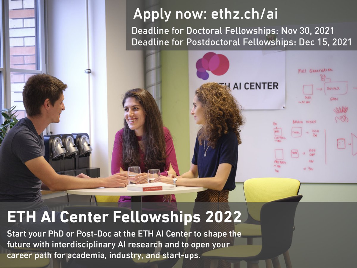Looking for an opportunity to shape the future of AI and machine learning? Apply now to the ETH AI Center Doctoral or Postdoctoral Fellowship 2022! More information on: ai.ethz.ch/education/phd-… #ethaicenter #ETHZ #AI #Machinelearning #phd #postdoc #fellowship #education
