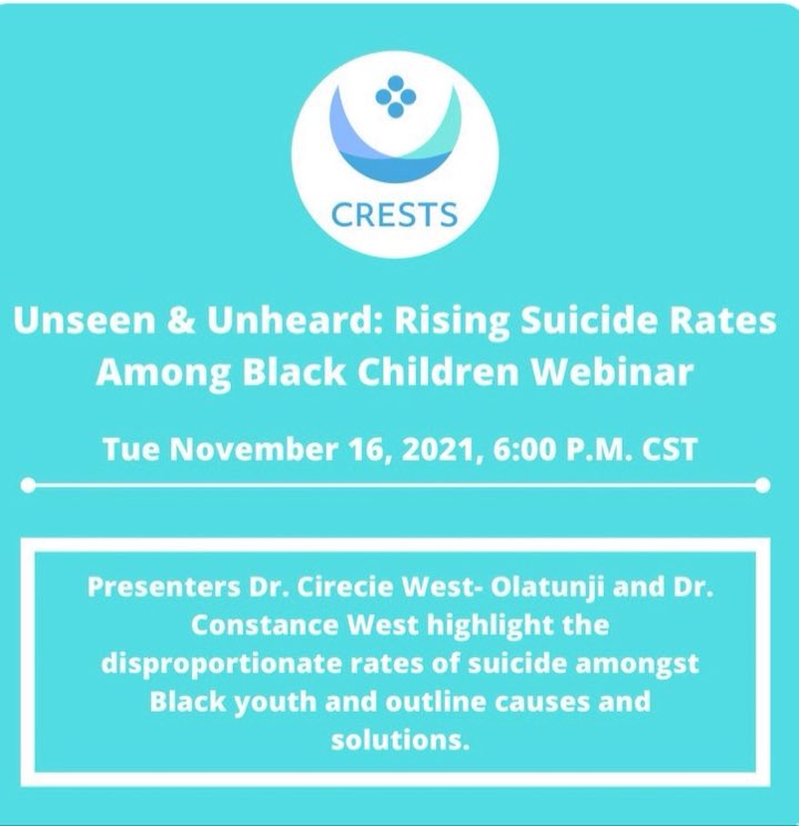 Be sure to register for our upcoming webinar, “Unseen &amp; Unheard: Rising Suicide Rates Among Black Children Webinar”, on November 16, 2021. 🗓

It is free to register - you’re just one click away. Additional information is located in our bio.