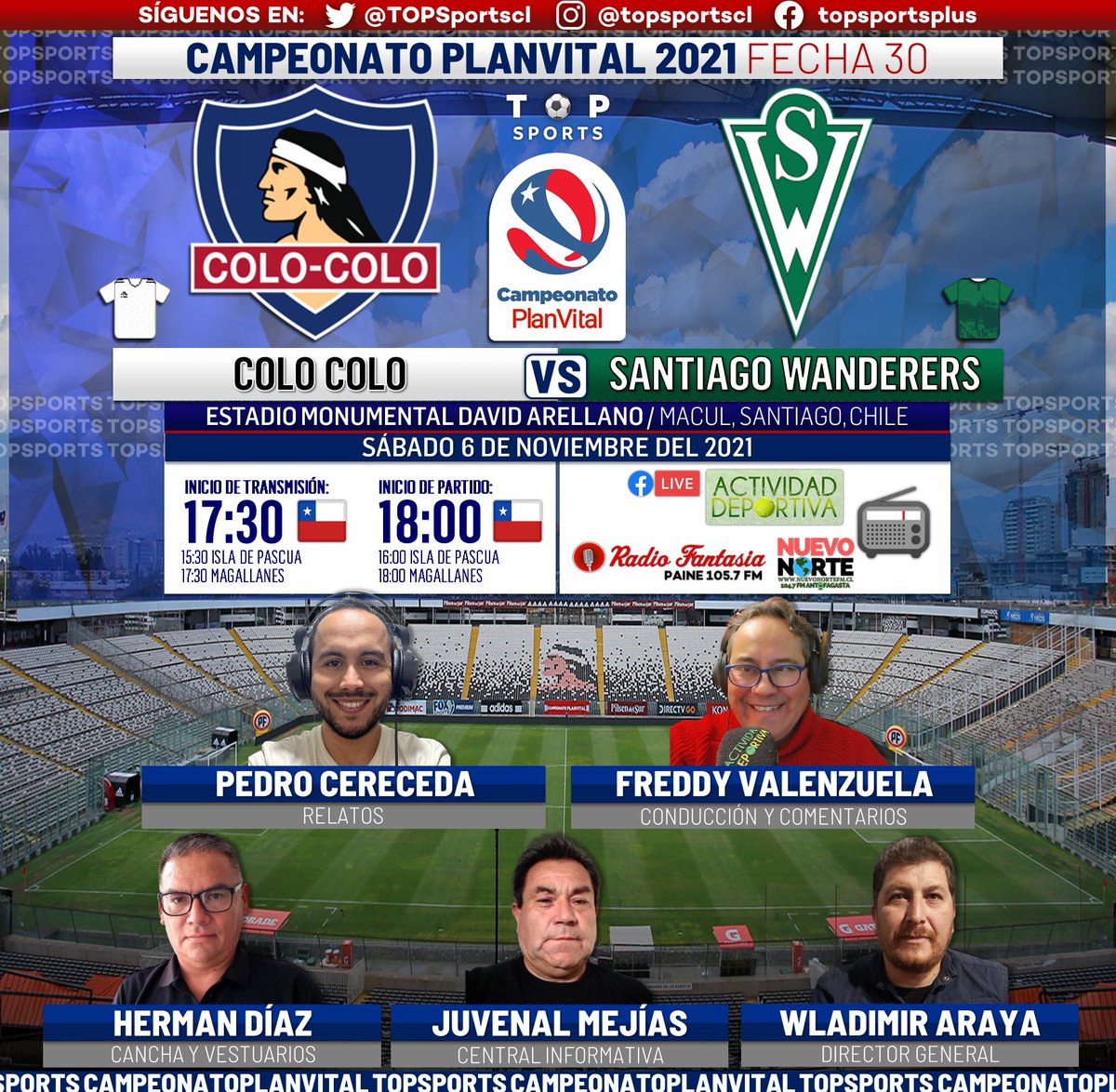 ActDeportivaCL's tweet photo. @ActDeportivaCL Al Aire
@ColoColo
vs
@swanderers
🎤Relatos:
@pcereceda
🎤Conducción /Comentarios:
@FValenzuelaMedo
🎤 Cancha y Vestuario :
@HDiazRebolledo
🎤 Central Informativa:
Juvenal Mejias
🎤 Director General :
@wlaracor

Gentileza Flyer Publicitario:
@TOPSportscl https://t.co/RfBZAXCY9M