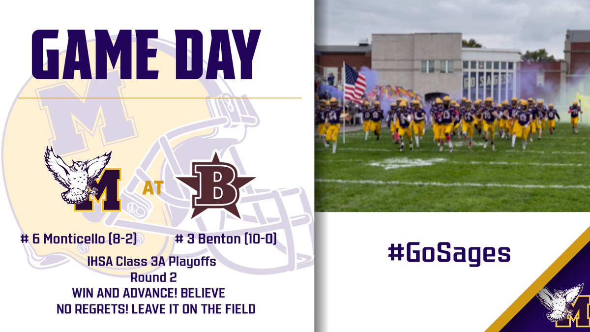 SagesAthletics's tweet photo. It’s GAMEDAY! Focus on the task- stay disciplined and play 4 quarters of football. You’ve been in the underdog role before! Lets make a statement & earn the opportunity to return home! New day, new season! Win & advance #BELIEVE #WANTITMORE #RoadToDekalb #OneGameAtATime #GoSages https://t.co/VeHOY9uFuB