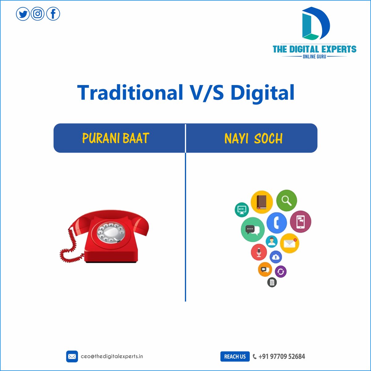 TheDigitalExpe2's tweet photo. Traditional V/S Digital.
Get in touch with us and grow your business now.
#Thedigitalexperts #satnasmartcity #brand #onlinemarketing #seo #OnlineGuru #socialmediamarketing #contentwriting #marketing #website #graphicdesign #digitalmarketing #digitalindia #brandingdesign https://t.co/6Pf9cTueAf