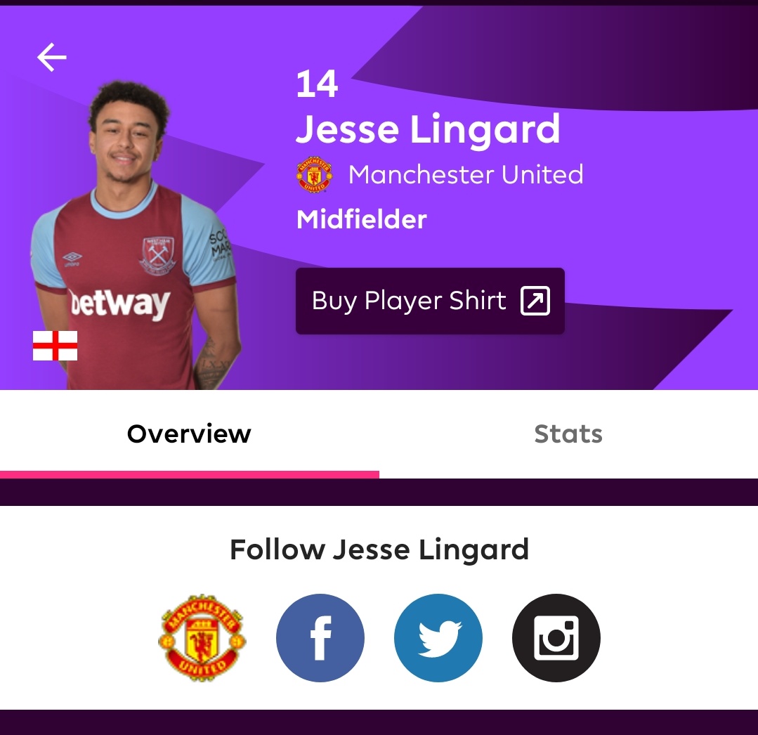prashant_v's tweet photo. @premierleague @JesseLingard is still in  @ManUtd. His shirt in your app says otherwise! #bug #MUFC #PremierLeague https://t.co/ROmyTd5Tym