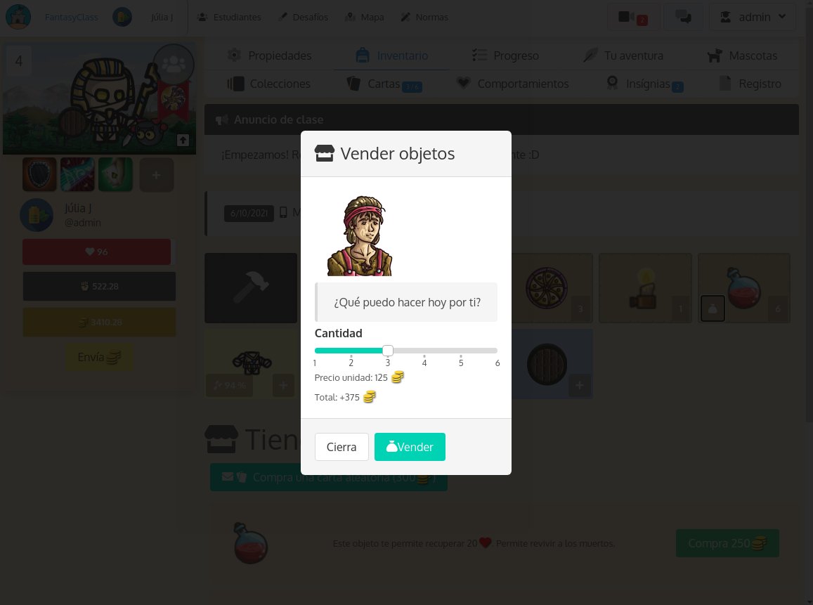 FantasyClassApp's tweet image. 🏰FantasyClass.app 1.91: ahora podemos configurar para que estudiantes puedan vender objetos por un % de su precio original. Se activa en tienda. Se han arreglado cosillas de las batallas #gamificación #gamification #FantasyClass #educación