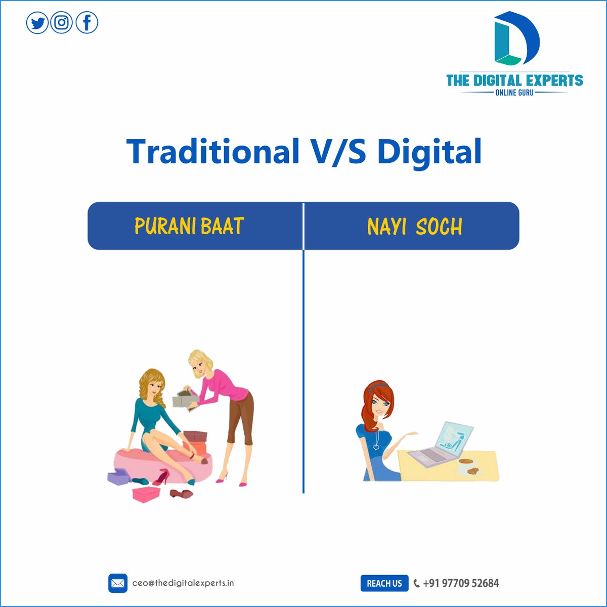 TheDigitalExpe2's tweet photo. Traditional V/S Digital.
Get in touch with us and grow your business now.
#Thedigitalexperts #satnasmartcity #brand #onlinemarketing #seo #OnlineGuru #socialmediamarketing #contentwriting #marketing #website #graphicdesign #digitalmarketing #digitalindia #brandingdesign https://t.co/BVAe7Tnq8d