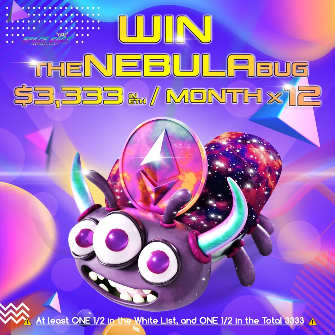 SpaceBugsNFT's tweet photo. 📖11 Whitelist RAFFLE Spots Open!📖

In next 24hrs
1. Follow @SpaceBugsNFT
2. RT+❤️&amp;Tag 3 Friends
3.Join our discord, invite 2 friends &amp; reach Level 2 of MEE6

We'll select randomly the most enthusiastic BUG members to win!

Space Bugs to the Nebula🚀

(Link in description)
#NFTs https://t.co/Jx9wZkCrTE