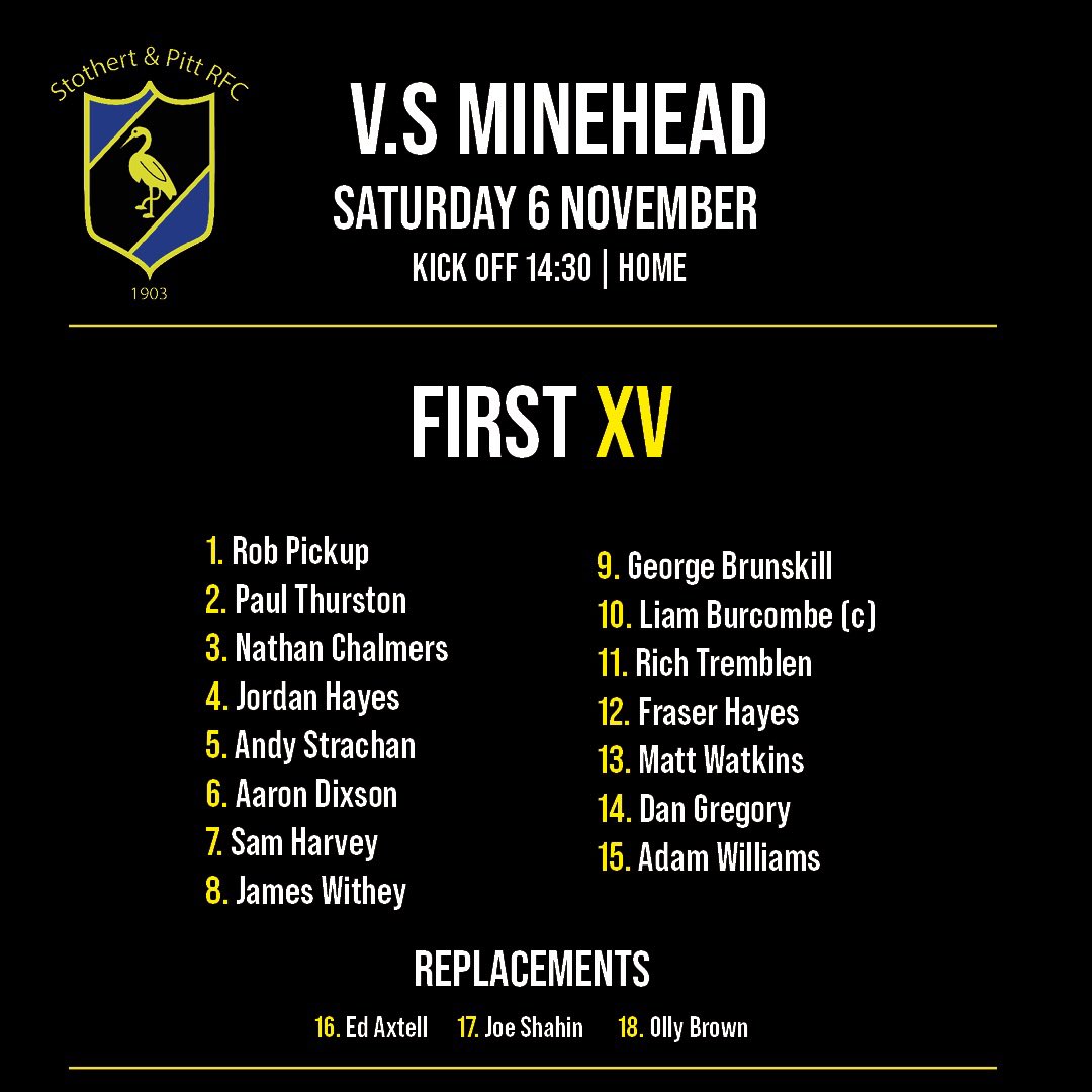Stothert & Pitt RFC (@stotherts) on Twitter photo Todayโs team to take on Minehead at 14:30 #upthepitt Todayโs team to take on Minehead at 14:30 #upthepitt